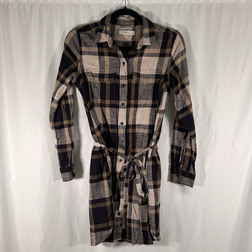 LOFT Knee Length Dress Women's Small Petite Brown Blue Plaid Button Up Tie Waist